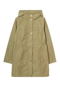 Giubbotto verde oliva con cappuccio, vita stretta, due tasche laterali, bottoni a pressione e dettagli trapuntati sulle spalle.