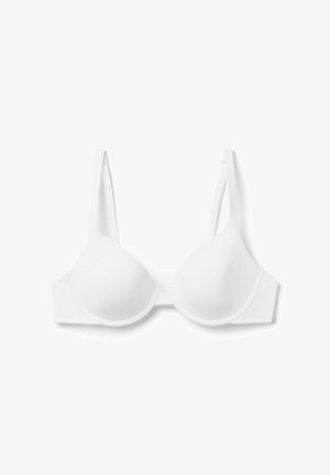 Weißer gefütterter BH mit verstellbaren Trägern, nahtlosen Cups und glatter Oberfläche. Mit einem klassischen Haken- und Ösenverschluss auf der Rückseite.