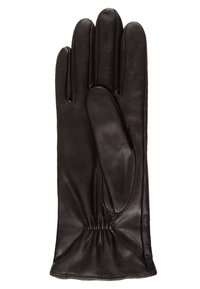 Schwarzer Lederhandschuh mit glatter Textur, angepasster Form und gerafftem Handgelenkdetail. Verfügt über fünf Fingerfächer, die für Wärme sorgen.