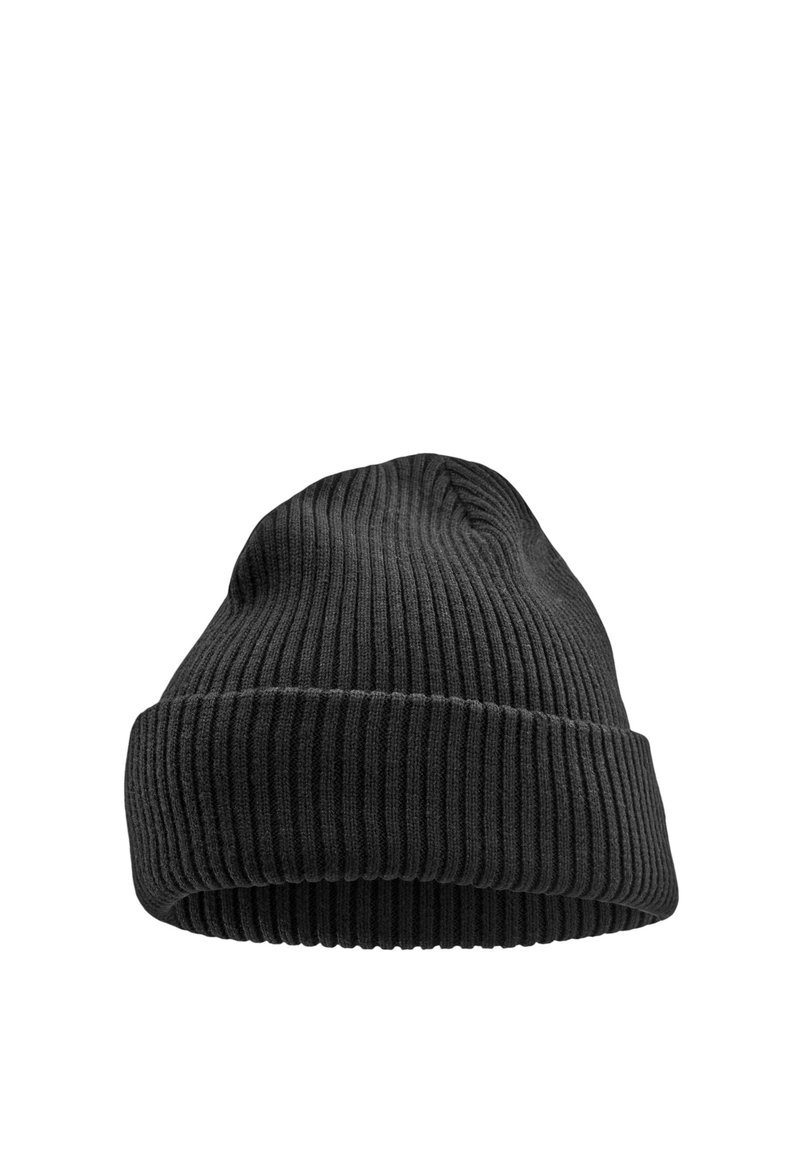 Black knit beanie made of ribbed fabric. Features a slouchy top and folded brim. Soft texture with elastic stretch for fit.