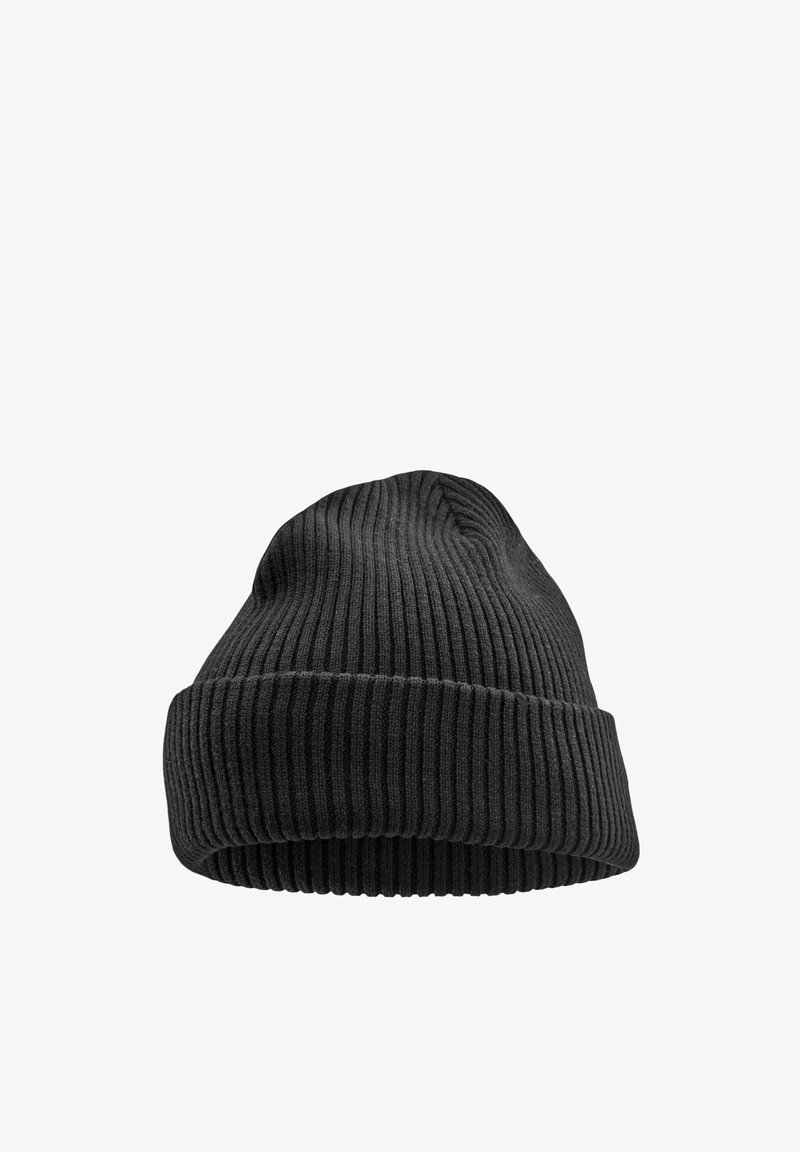 Svart strikket lue laget av ribbet stoff. Har en slapp topp og brettet brem. Myk tekstur med elastisk stretch for passform.