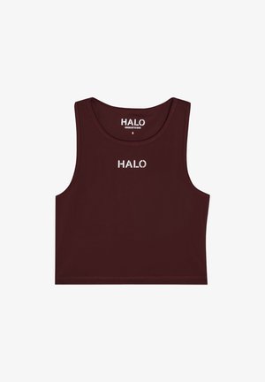 Bordeaux ærmeløs crop top lavet af glat stof; har en rund halsudskæring og 'HALO' logo i hvid centreret på forsiden.