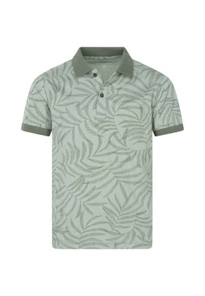 Polo vert pâle à manches courtes avec motif de feuilles vert foncé, col vert foncé, poignets et patte de boutonnage à deux boutons.