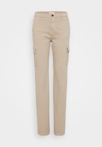 Beige cargo-housut, jotka on valmistettu puuvillasta. Niissä on sivutaskut, suorat lahkeet ja nappikiinnitys. Silkkinen pinta, jossa on minimaalinen ommel.