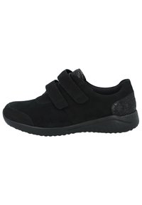 Black athletic shoes with velcro straps, suede material, textured black accents at the heel, and a flexible rubber sole.