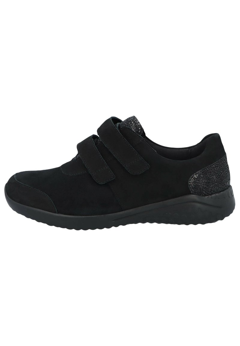 Black athletic shoes with velcro straps, suede material, textured black accents at the heel, and a flexible rubber sole.