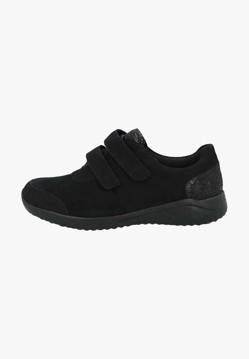 Black athletic shoes with velcro straps, suede material, textured black accents at the heel, and a flexible rubber sole.