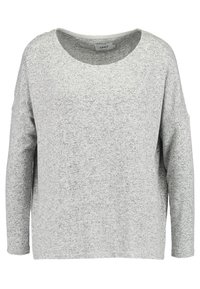 Hellgrauer Strickpullover mit weitem runden Ausschnitt, langen Ärmeln und entspannter Passform. Texturiertes Material mit subtilen Schattierungsvariationen.