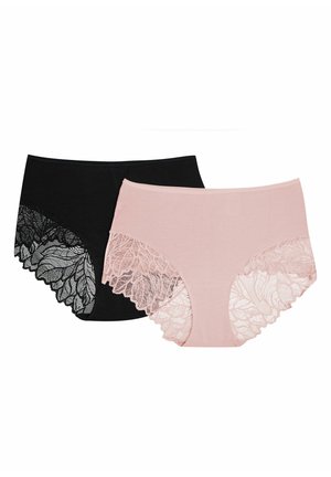 Two pairs of women’s underwear: one black with lace edges, one pink with similar lace detailing, both in a full-coverage design.