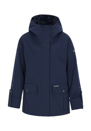 Marineblaue wasserdichte Jacke mit Kapuze, zwei Fronttaschen, Druckknöpfen an den Bündchen und Logodetail am Ärmel. Glatte Textur.