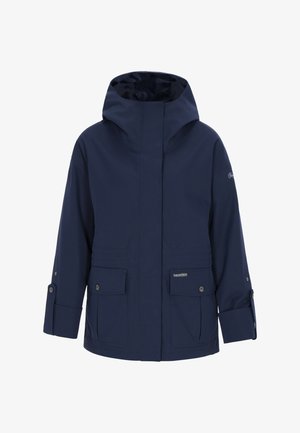 Laivastonsininen vedenpitävä takki, jossa on huppu, kaksi etutaskua, nepparikiinnikkeet hihojen resoreissa ja logotärkkelystä hihassa. Sileä pinta.