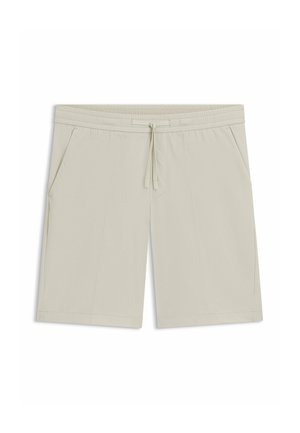 Short beige clair longueur genou avec taille élastique, cordon ajustable et poches latérales.