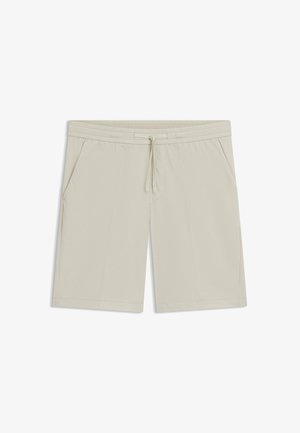 Short beige clair longueur genou avec taille élastique, cordon ajustable et poches latérales.