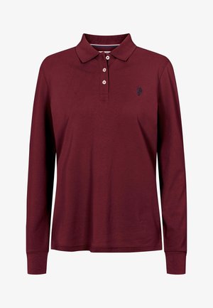 Bordeaux pitkähihainen poolopaita, jossa on kaulus, kolmesta napista koostuva napitus ja logo vasemman rinnan ylle. Pehmeä puuvillakangas.