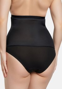 Zwarte high-waisted shapewear met een gladde textuur. Kenmerkt zich door een naadloos ontwerp en een elastische tailleband, die de buik en heupen bedekt.