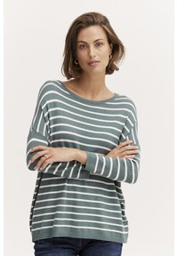 Gestreifter Pullover in Grün und Weiß, mit weitem Ausschnitt, lässiger Passform und langen Ärmeln. Weiche Textur mit geripptem Saum und Bündchen.