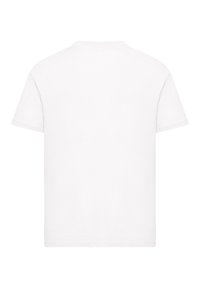White short-sleeve t-shirt, standard fit, round neckline, smooth texture, and no embellishments or patterns on the back.