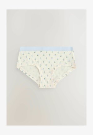 Baumwoll-Hipster-Unterwäsche in Creme mit einem hellblauen elastischen Bund. Sie hat ein florales Muster aus kleinen blauen Blumen mit grünen Blättern.