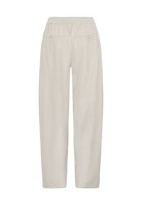 Light beige trousers with an elastic waistband, straight-leg design, and two back pockets. Made of a textured fabric for comfort.