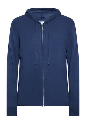 Marineblauer Zip-Hoodie aus strukturiertem Stoff. Mit einer Kapuze mit Kordelzug und langen Ärmeln mit gerippten Bündchen. Reißverschluss vorne.