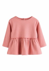 Rosa ribbad långärmad topp med en rynkad peplum-nedtill och rund halsringning. Bakre stängning med en liten knapppdetail. Mjuk bomullsmaterial.