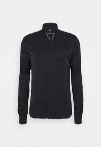 Zwart shirt met lange mouwen, voorzien van een textuurpatroon, een mandarin collar, en een kettingaccent aan de voorkant met een rechte snit aan de onderkant.