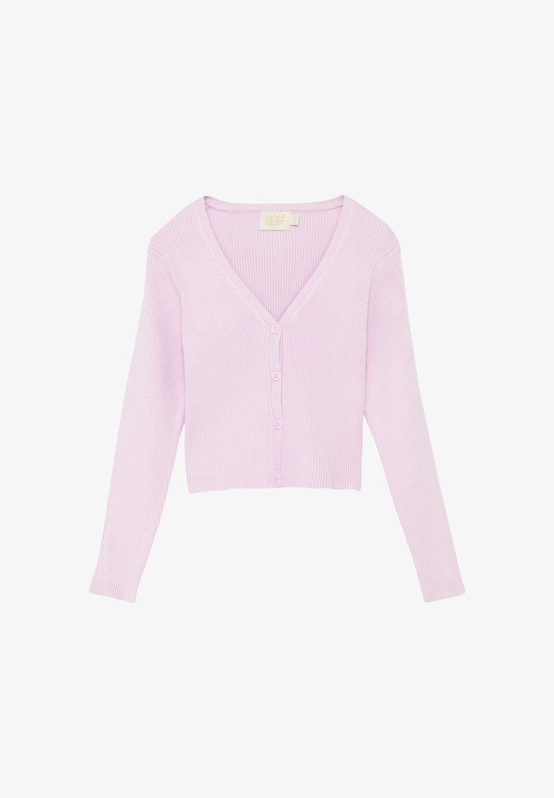 Hellrosa ausgestattetes, kurz geschnittenes Cardigan mit V-Ausschnitt, geripptem Muster und sechs Knöpfen vorne. Lange Ärmel mit dezenten Details an den Bündchen.