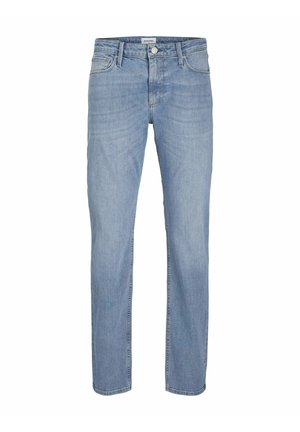 Jeans en denim bleu clair avec une coupe droite, dotés de passants de ceinture, d'une fermeture à bouton et d'un style classique à cinq poches.