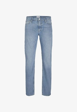 Light blue denim jeans with a straight leg design, featuring belt loops, a button closure, and classic five-pocket styling.