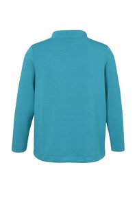 Turkijkleurige pullover met lange mouwen, getoond vanuit de achterkant, met een eenvoudige kraag en zonder zichtbare patronen of logo's.