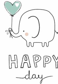 Cartoon elephant holding a mint green heart-shaped balloon, with blushing cheeks, above the text "HAPPY day" in black and handwritten styles.