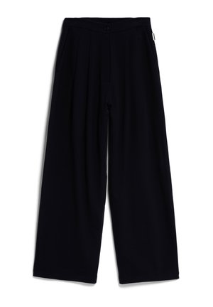 Brede broek in donkerblauw, gemaakt van een zachte stof. Voorzien van plooien, een knoopsluiting aan de voorkant en zijzakken. Minimalistisch ontwerp.