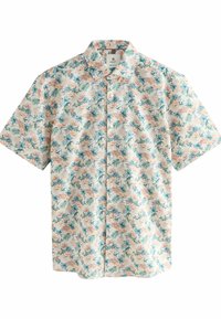 Camisa de manga corta en tejido ligero con un patrón floral con acentos en azul y naranja sobre un fondo crema. Cuello con botones.