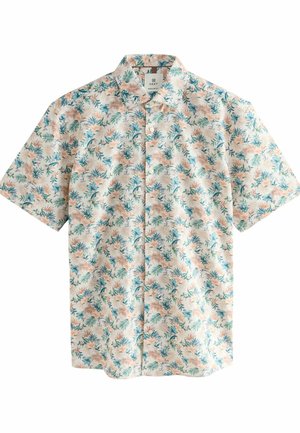 Moška srajca s kratkimi rokavi iz lahkega blaga, z vzorcem pastelnih cvetlic z zelenimi listi in oranžnimi poudarki na kremni podlagi.