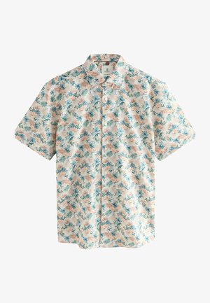 Camicia da uomo a maniche corte realizzata in tessuto leggero, con motivo floreale pastello con foglie verdi e accenti arancioni su sfondo crema.