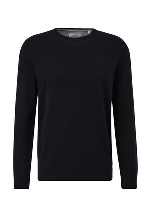 Schwarzer Strickpullover mit langen Ärmeln und rundem Halsausschnitt. Verfügt über einen gerippten Saum und Bündchen, hergestellt aus einem glatten, weichen Stoff.