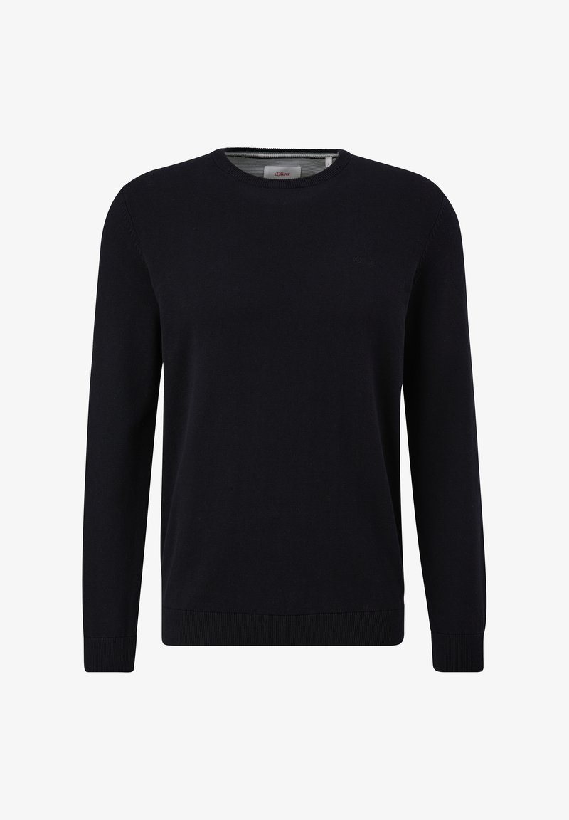 Pull en tricot noir avec des manches longues et un col rond. Présente un ourlet et des poignets côtelés, fabriqué dans un tissu doux et lisse.
