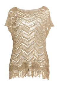 Top de punto en un beige claro, con un patrón de chevron, tejido abierto, mangas cortas y detalle de flecos en el dobladillo. Fabricado con un hilo texturizado.