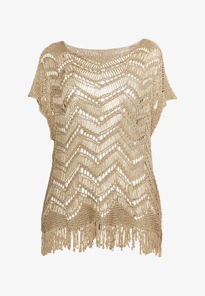 Pletený top v svetlo béžovej farbe, s vzorom v tvare chevron, otvoreným tkaním, krátkymi rukávmi a detailom s strapcami na hrane. Vyrobené z textúrovanej priadze.