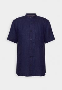 Short-sleeve navy shirt in lightweight fabric, featuring a band collar, front button closure, and chest pocket with a subtle texture.