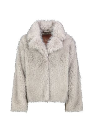 Lichtgrijze faux fur jas met lange mouwen en brede kraag, afgebeeld tegen een witte achtergrond.
