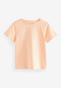 Kurzärmliges T-Shirt aus weichem Pfirsichbaumwollstoff. Klassisches Rundhals-Design mit glatter Textur und geradem Saum, ohne Muster oder Verzierungen.