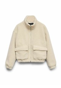 Beige, kort jacka i plyschmaterial med hög krage, dragkedja framtill och två stora framfickor.