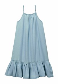 Robe en denim bleu clair avec des bretelles fines, encolure froncée et ourlet volanté évasé. Texture lisse, forme en A, coupe au niveau des genoux.