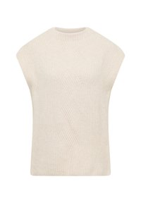 Beige gestricktes ärmelloses Oberteil mit einem hohen Kragen, das ein strukturiertes Rippmuster und diagonale Linien für zusätzliche Designdetails aufweist.