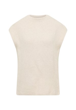 Beige gestricktes ärmelloses Oberteil mit einem hohen Kragen, das ein strukturiertes Rippmuster und diagonale Linien für zusätzliche Designdetails aufweist.