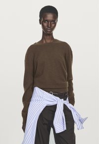 Brun stickad tröja med rund halsringning, ihopparad med svarta byxor. En ljusblå och vit randig skjorta är knuten i midjan.