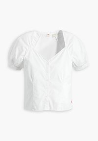 Blusa bianca a maniche corte con maniche a palloncino, scollatura a V e chiusura con bottoni frontale, presentata su uno sfondo bianco semplice.