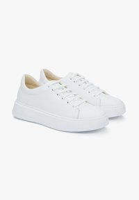 Witte canvas sneakers met een ronde neus, platte rubberen zool, vetersluiting en minimale stiksels op een gladde textuur.