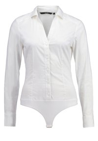 White long-sleeve button-up bodysuit shirt with collar, fitted waist, and thong-style bottom.